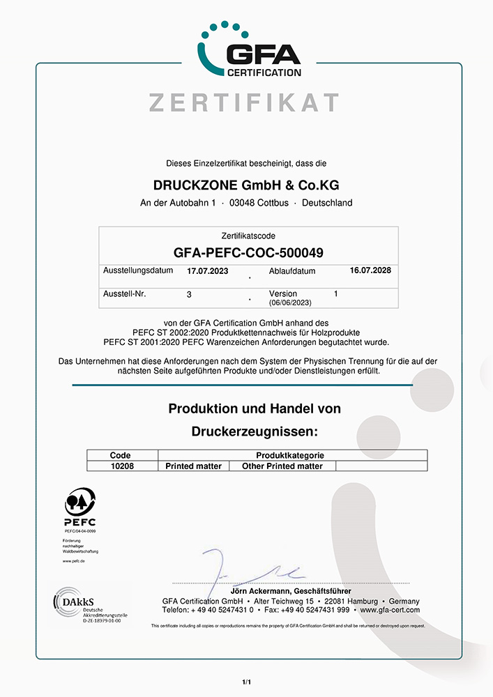 Urkunde PEFC zertifiziertes Unternehmen